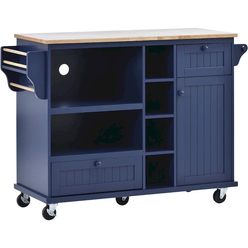 Rolling Kitchen Island Cart with Wood Top, Storage Drawers and Locking Wheels – White