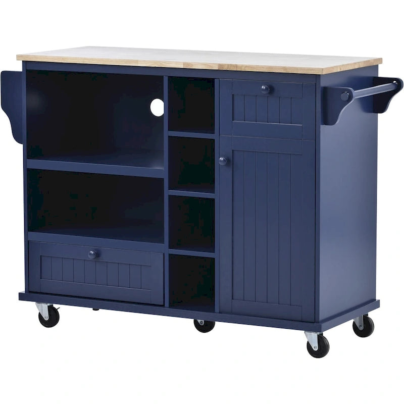 Rolling Kitchen Island Cart with Wood Top, Storage Drawers and Locking Wheels – White