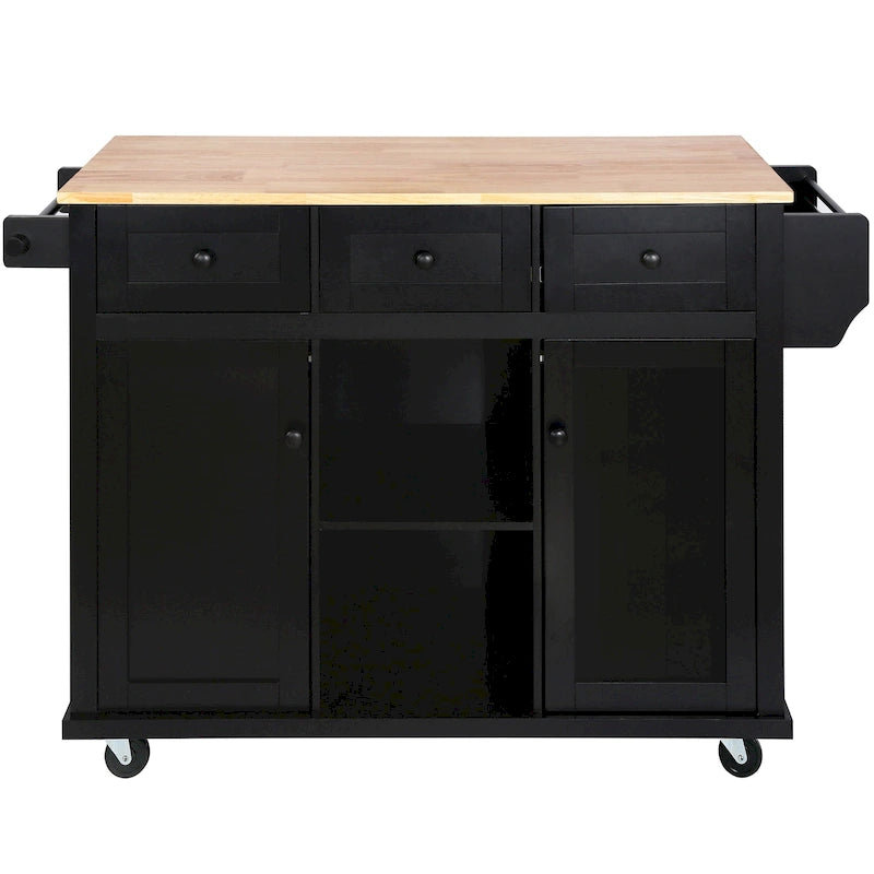 Rolling Kitchen Island Cart with Drop-Leaf Countertop 3 Drawers Black
