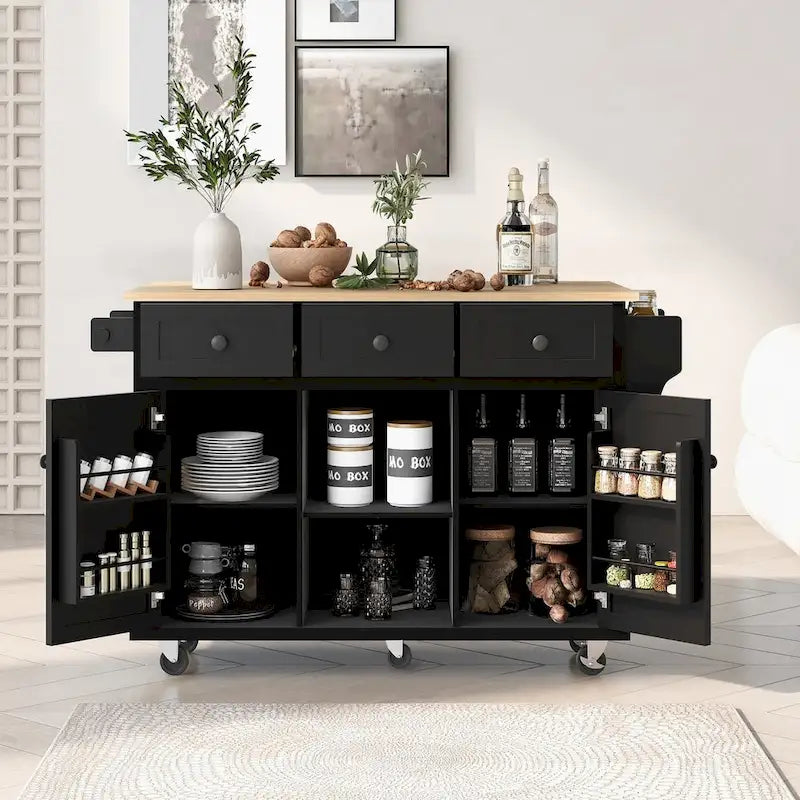 Rolling Kitchen Island Cart with Drop-Leaf Countertop 3 Drawers Black