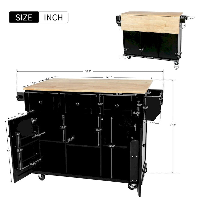 Rolling Kitchen Island Cart with Drop-Leaf Countertop 3 Drawers Black