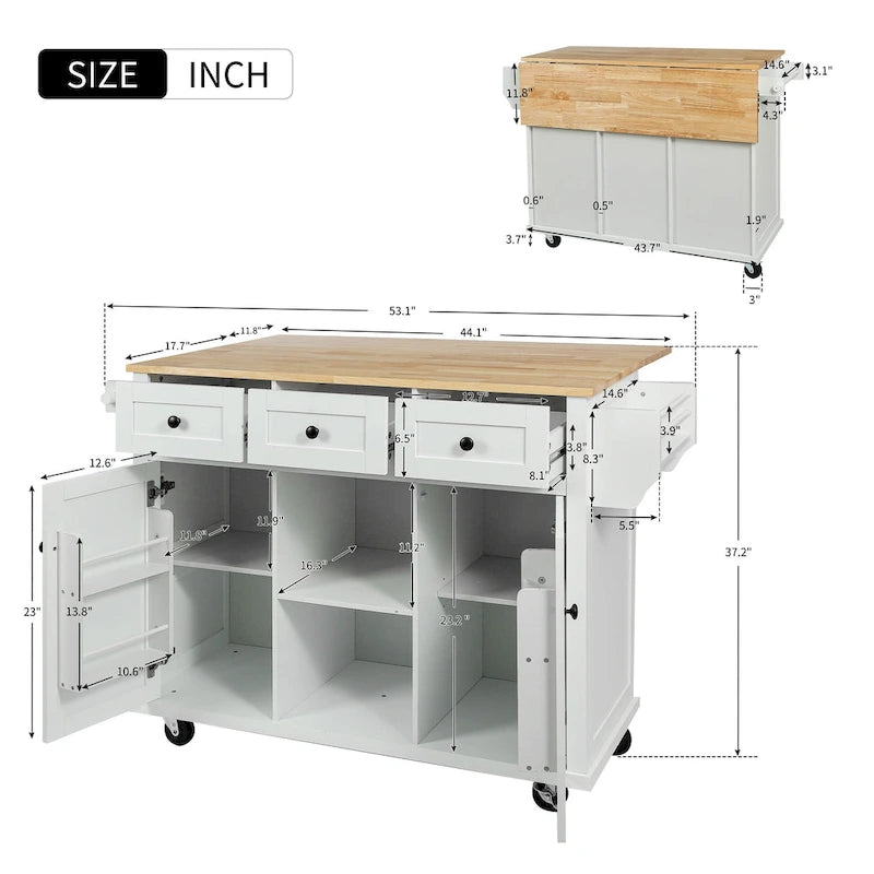 Rolling Kitchen Island Cart with Drop-Leaf Countertop 3 Drawers Black