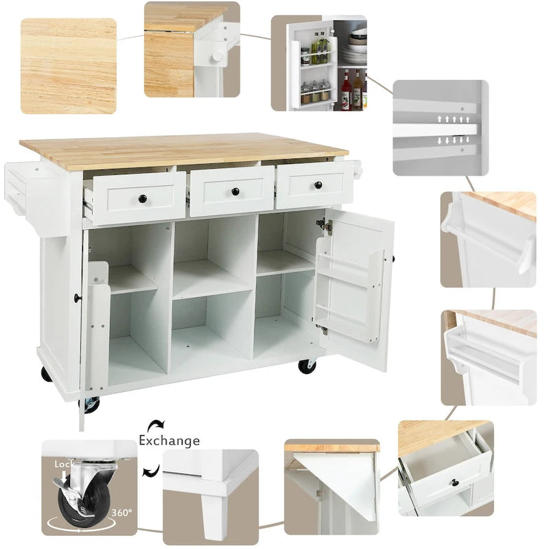 Rolling Kitchen Island Cart with Drop-Leaf Countertop 3 Drawers Black