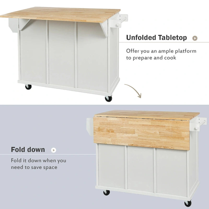 Rolling Kitchen Island Cart with Drop-Leaf Countertop 3 Drawers Black