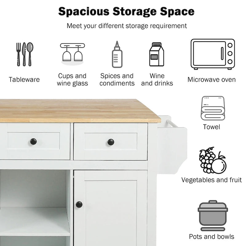 Rolling Kitchen Island Cart with Drop-Leaf Countertop 3 Drawers Black