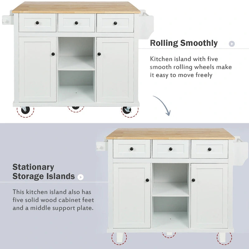 Rolling Kitchen Island Cart with Drop-Leaf Countertop 3 Drawers Black