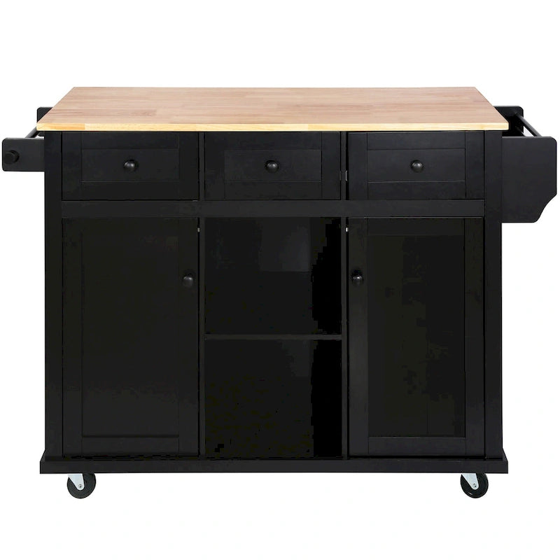 Rolling Kitchen Island Cart with Drop-Leaf Countertop 3 Drawers Black