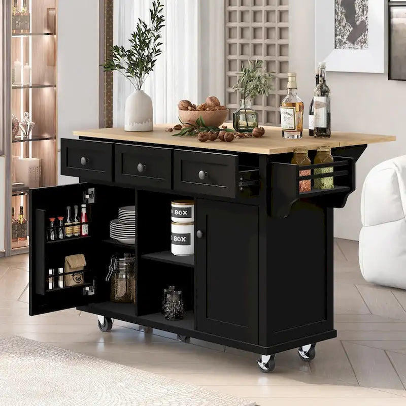 Rolling Kitchen Island Cart with Drop-Leaf Countertop 3 Drawers Black