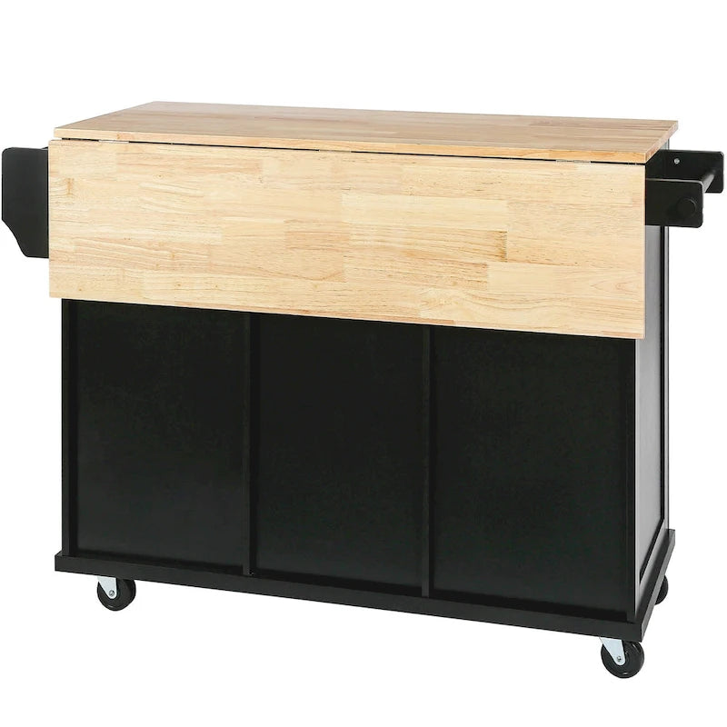 Rolling Kitchen Island Cart with Drop-Leaf Countertop 3 Drawers Black