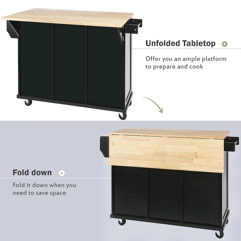 Rolling Kitchen Island Cart with Drop-Leaf Countertop 3 Drawers Black