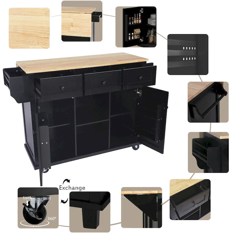 Rolling Kitchen Island Cart with Drop-Leaf Countertop 3 Drawers Black