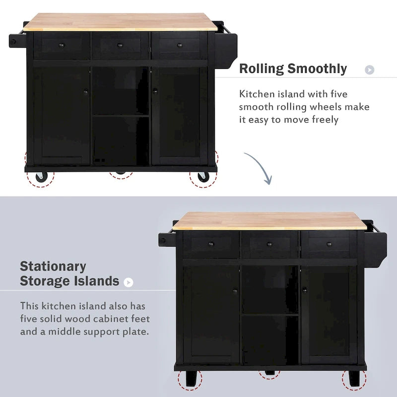 Rolling Kitchen Island Cart with Drop-Leaf Countertop 3 Drawers Black