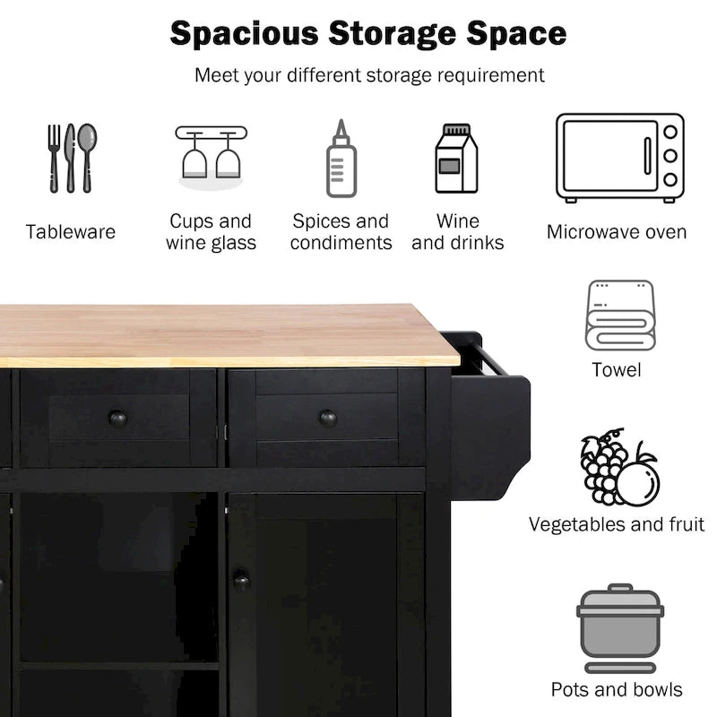 Rolling Kitchen Island Cart with Drop-Leaf Countertop 3 Drawers Black