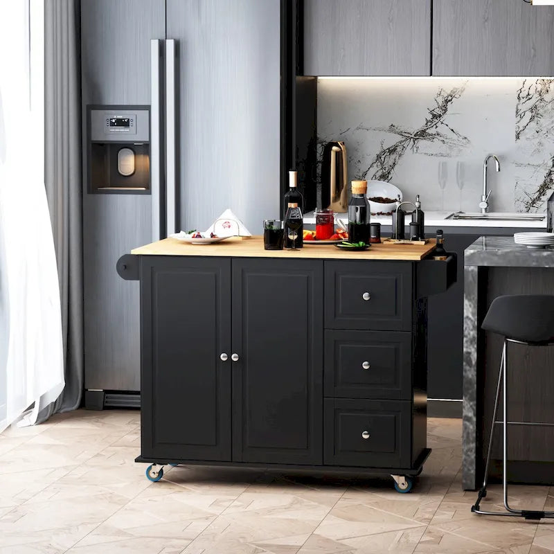 Rolling Kitchen Island with Drop Leaf, Towel Rack, Cabinet and Drawers, Black