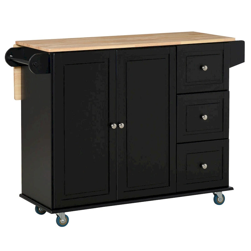 Rolling Kitchen Island with Drop Leaf, Towel Rack, Cabinet and Drawers, Black