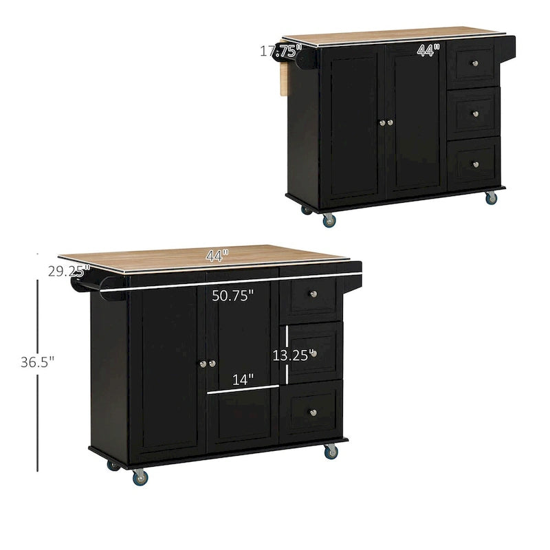 Rolling Kitchen Island with Drop Leaf, Towel Rack, Cabinet and Drawers, Black