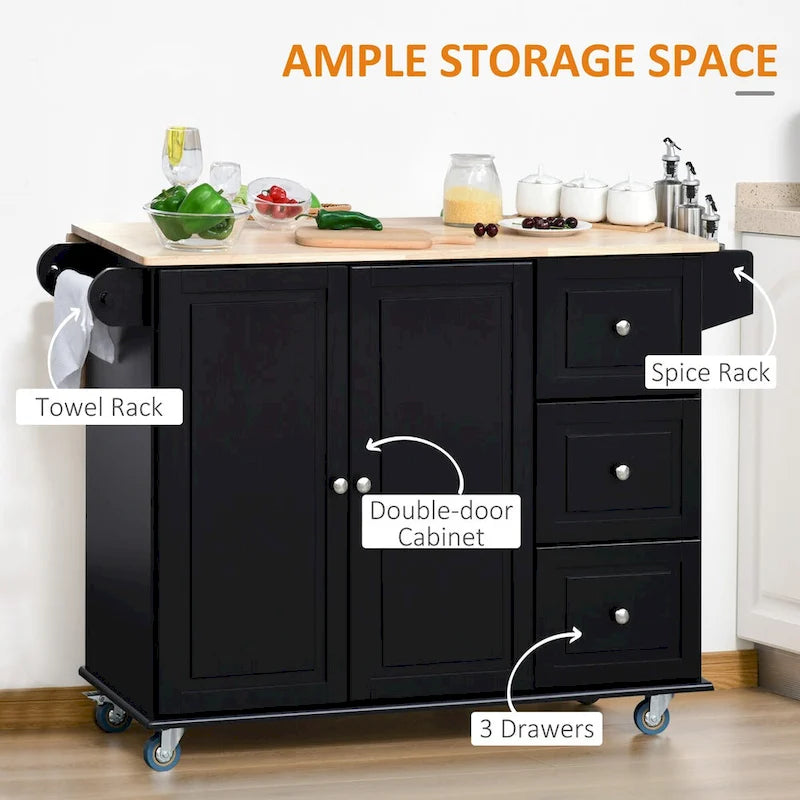 Rolling Kitchen Island with Drop Leaf, Towel Rack, Cabinet and Drawers, Black