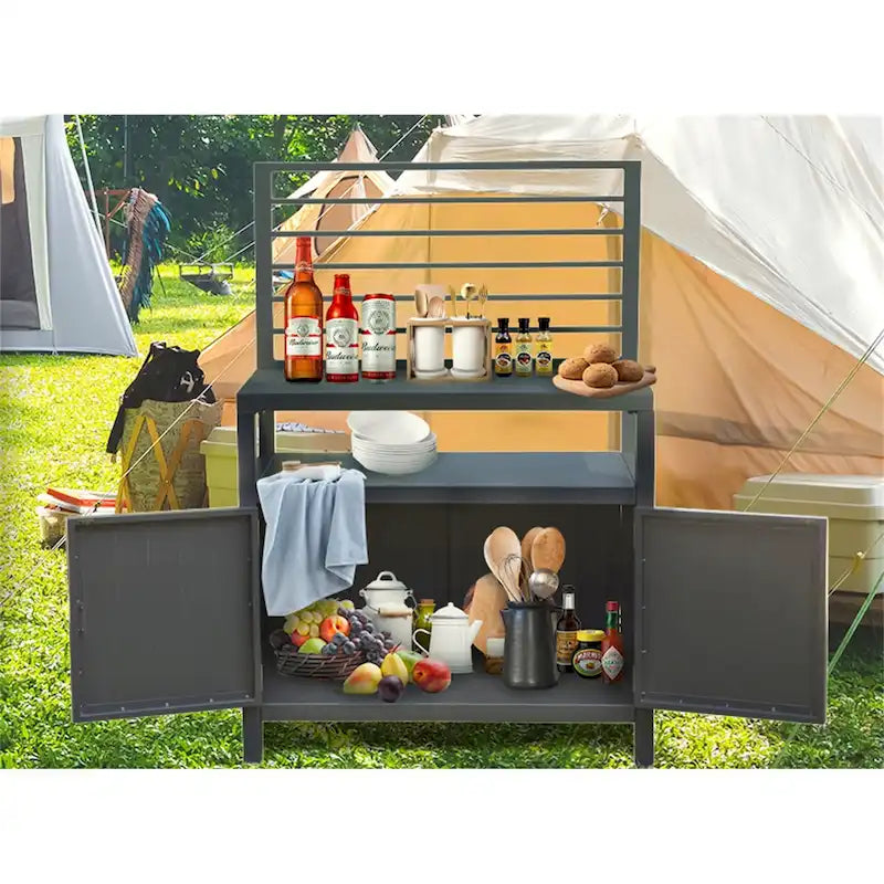 Grey Aluminum Outdoor Kitchen Island Cabinet with Open Shelves Storage
