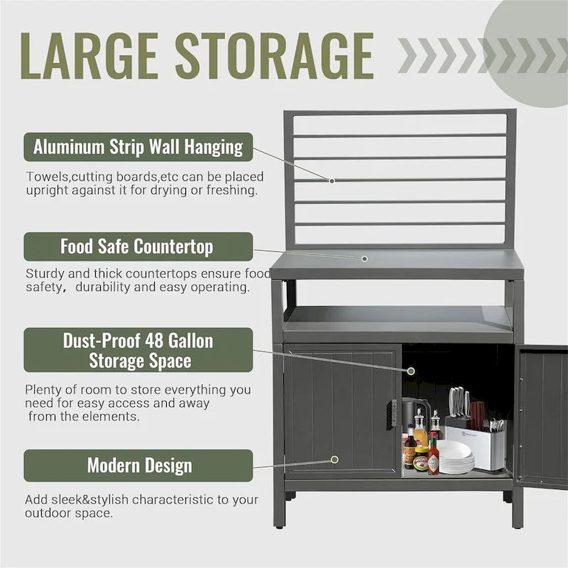 Grey Aluminum Outdoor Kitchen Island Cabinet with Open Shelves Storage