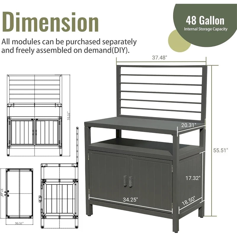Grey Aluminum Outdoor Kitchen Island Cabinet with Open Shelves Storage