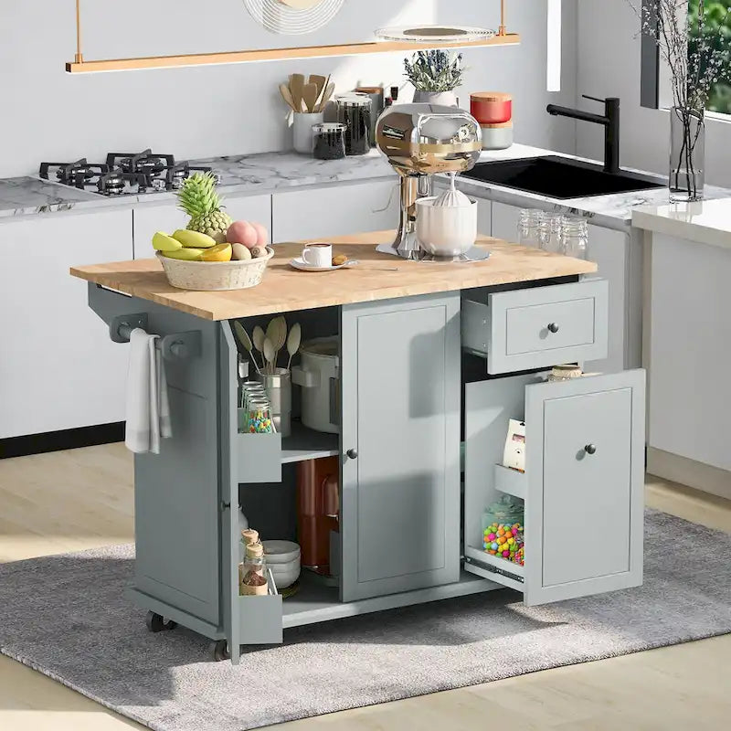 Rolling Kitchen Island with Drop Leaf, Drawer, Spice Rack, Multi-Color