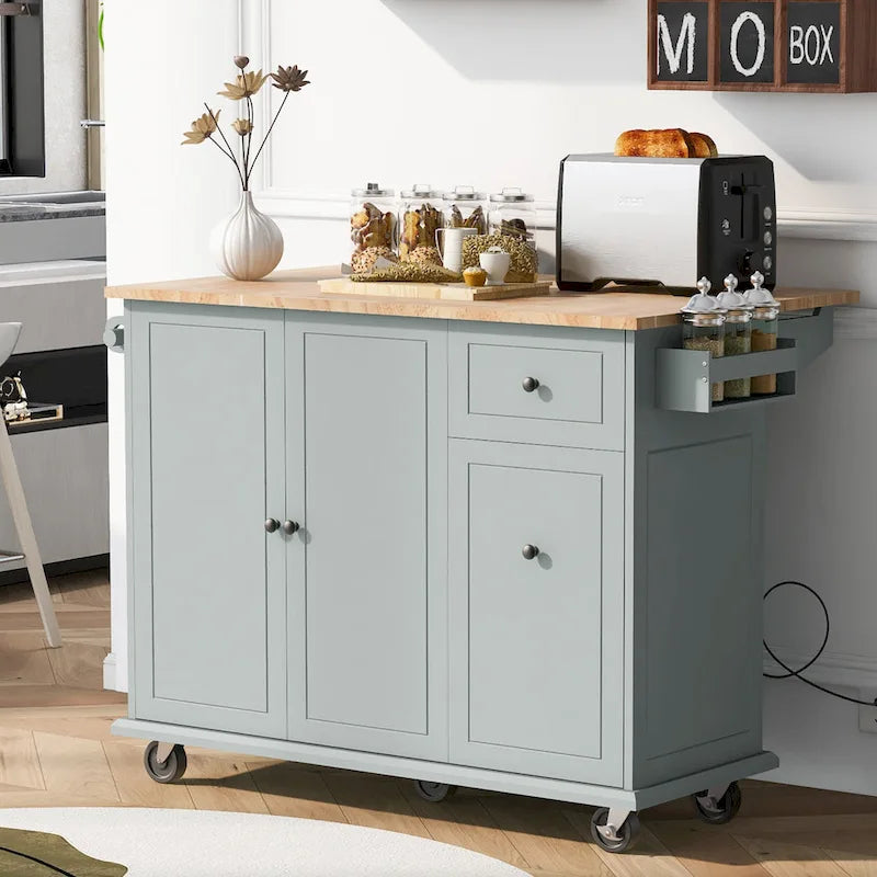 Rolling Kitchen Island with Drop Leaf, Drawer, Spice Rack, Multi-Color