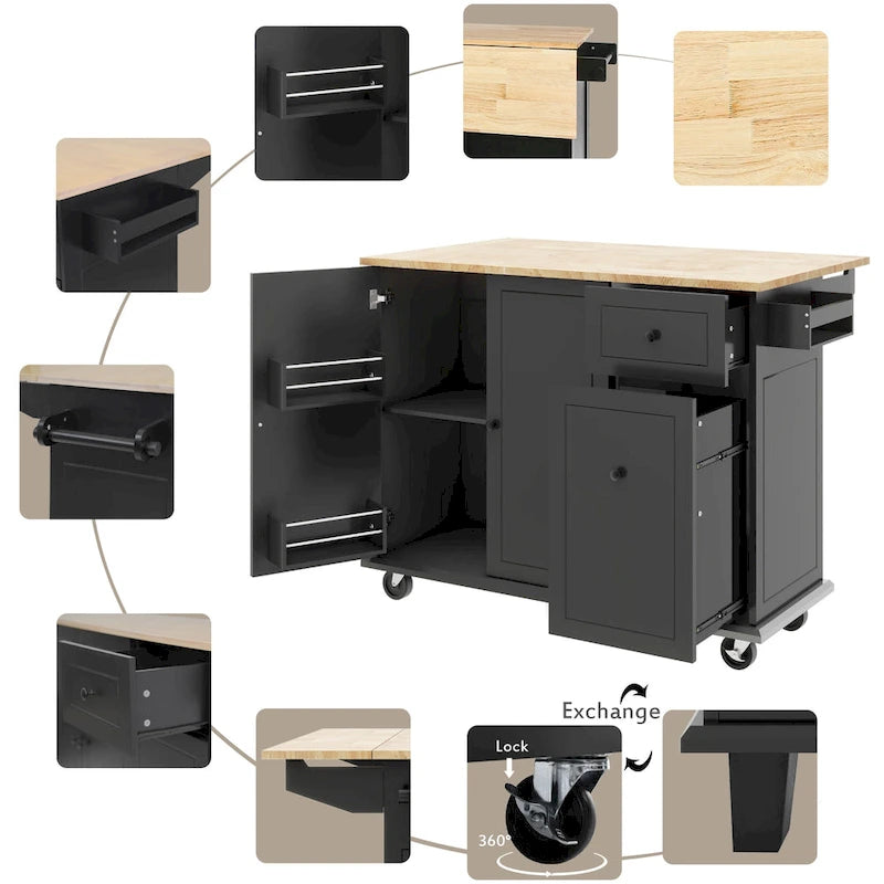 Rolling Kitchen Island with Drop Leaf, Drawer, Spice Rack, Multi-Color
