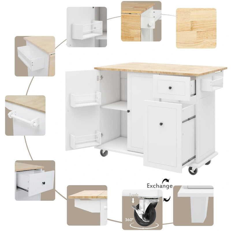 Rolling Kitchen Island with Drop Leaf, Drawer, Spice Rack, Multi-Color