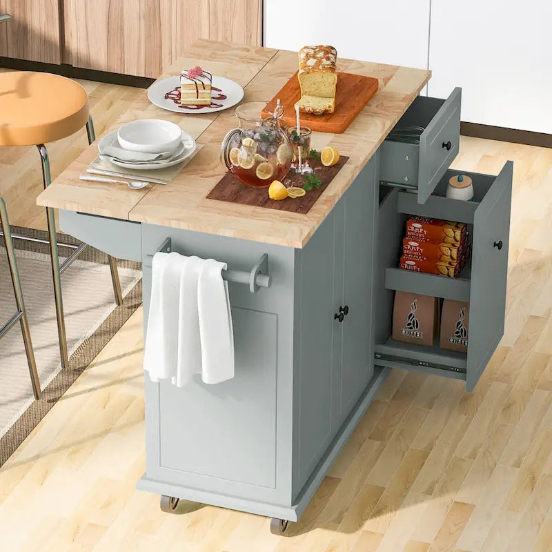 Rolling Kitchen Island with Drop Leaf, Drawer, Spice Rack, Multi-Color