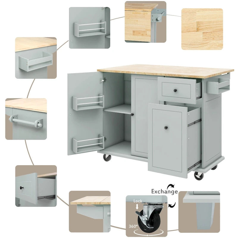 Rolling Kitchen Island with Drop Leaf, Drawer, Spice Rack, Multi-Color