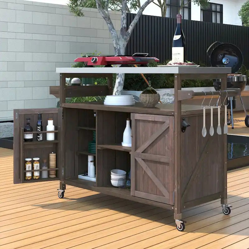 Farmhouse Outdoor Kitchen Island Cart with Stainless Steel Top, Dark Brown