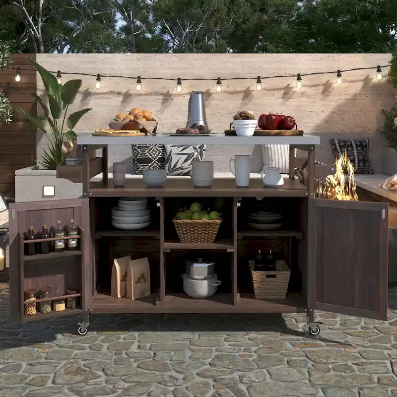 Farmhouse Outdoor Kitchen Island Cart with Stainless Steel Top, Dark Brown
