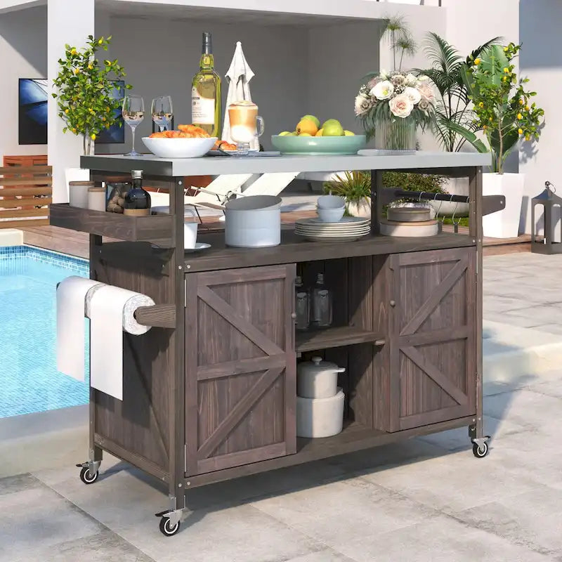 Farmhouse Outdoor Kitchen Island Cart with Stainless Steel Top, Dark Brown