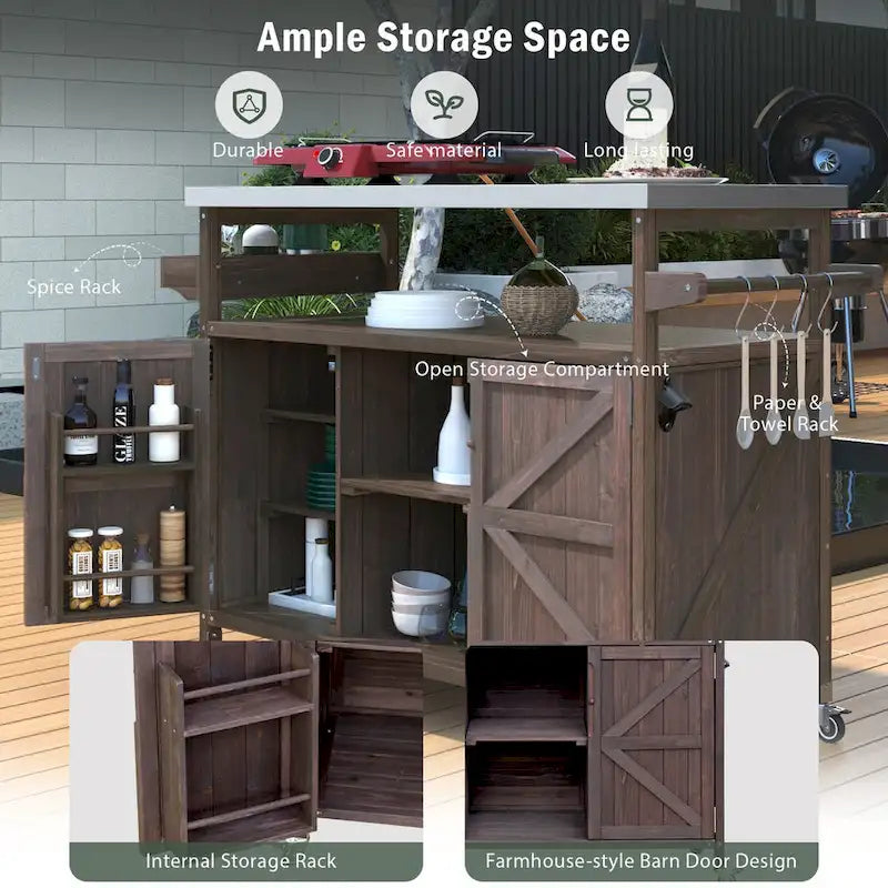 Farmhouse Outdoor Kitchen Island Cart with Stainless Steel Top, Dark Brown