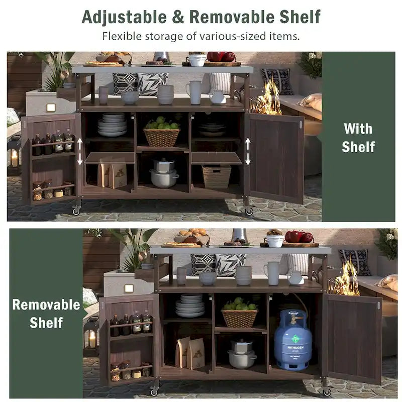 Farmhouse Outdoor Kitchen Island Cart with Stainless Steel Top, Dark Brown