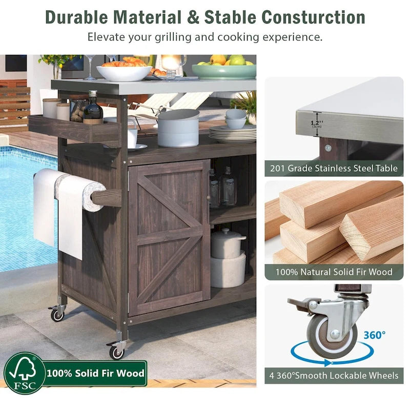 Farmhouse Outdoor Kitchen Island Cart with Stainless Steel Top, Dark Brown