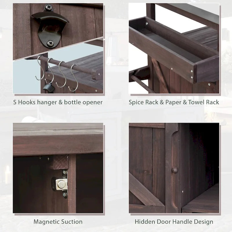 Farmhouse Outdoor Kitchen Island Cart with Stainless Steel Top, Dark Brown