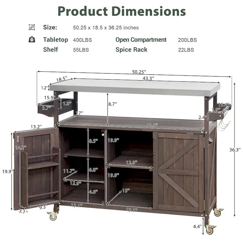 Farmhouse Outdoor Kitchen Island Cart with Stainless Steel Top, Dark Brown