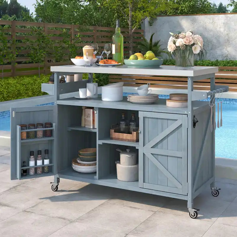 Farmhouse Outdoor Kitchen Island Cart with Stainless Steel Top, Dark Brown