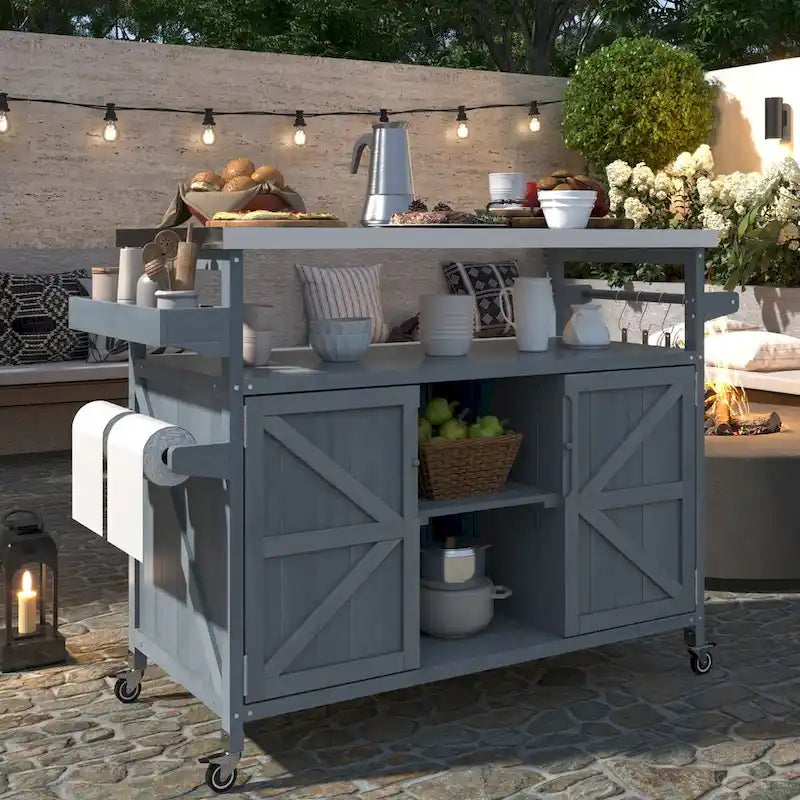 Farmhouse Outdoor Kitchen Island Cart with Stainless Steel Top, Dark Brown