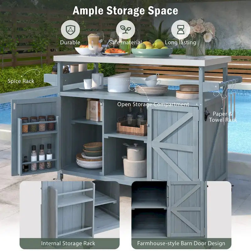 Farmhouse Outdoor Kitchen Island Cart with Stainless Steel Top, Dark Brown