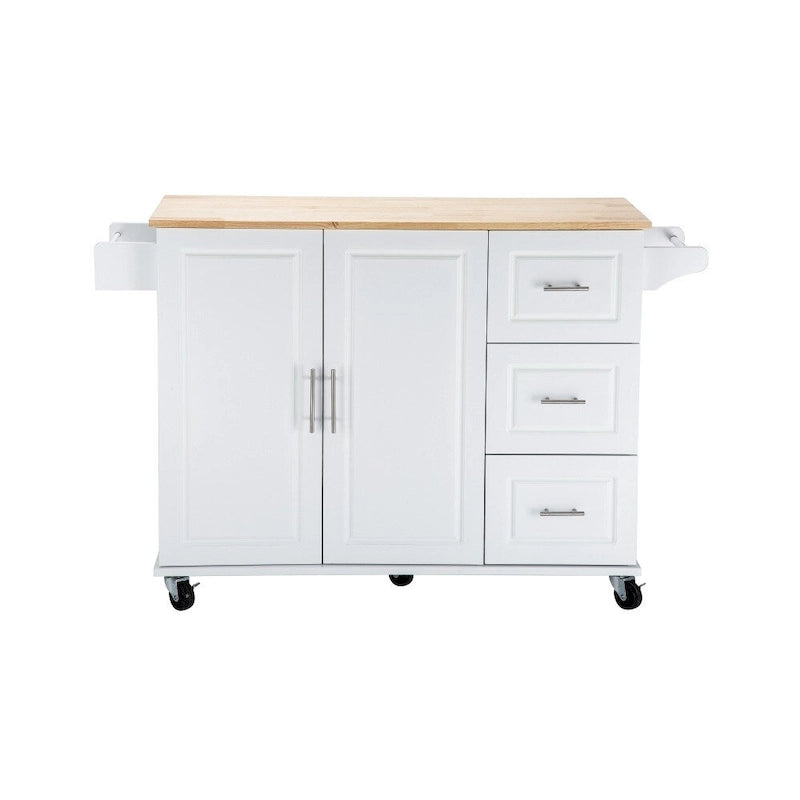 Rolling Kitchen Island Cart with Rubber Wood Top, 3 Drawers and Cabinet