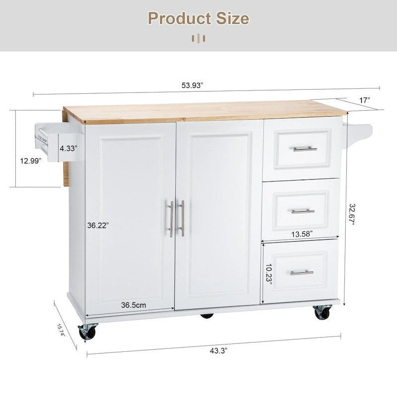Rolling Kitchen Island Cart with Rubber Wood Top, 3 Drawers and Cabinet