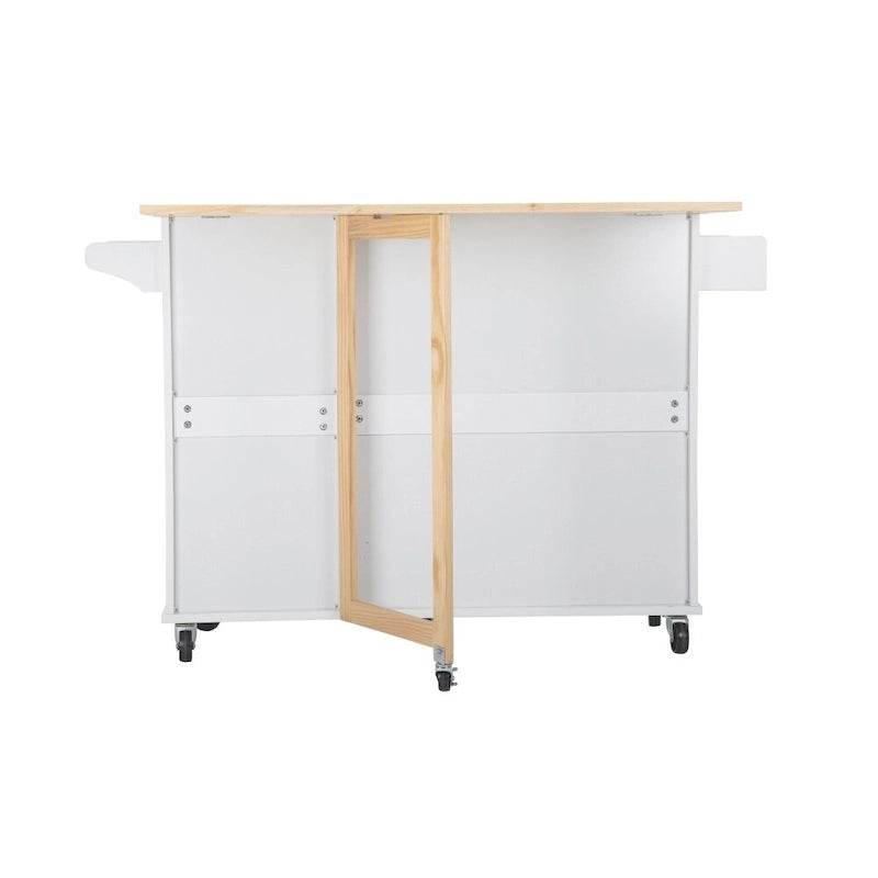 Rolling Kitchen Island Cart with Rubber Wood Top, 3 Drawers and Cabinet