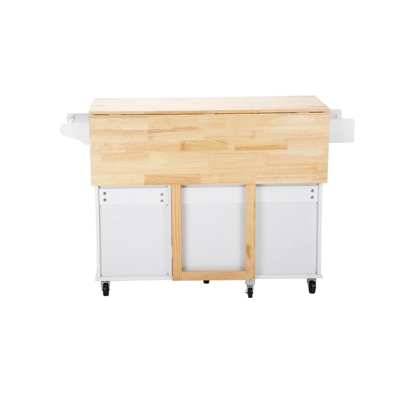 Rolling Kitchen Island Cart with Rubber Wood Top, 3 Drawers and Cabinet