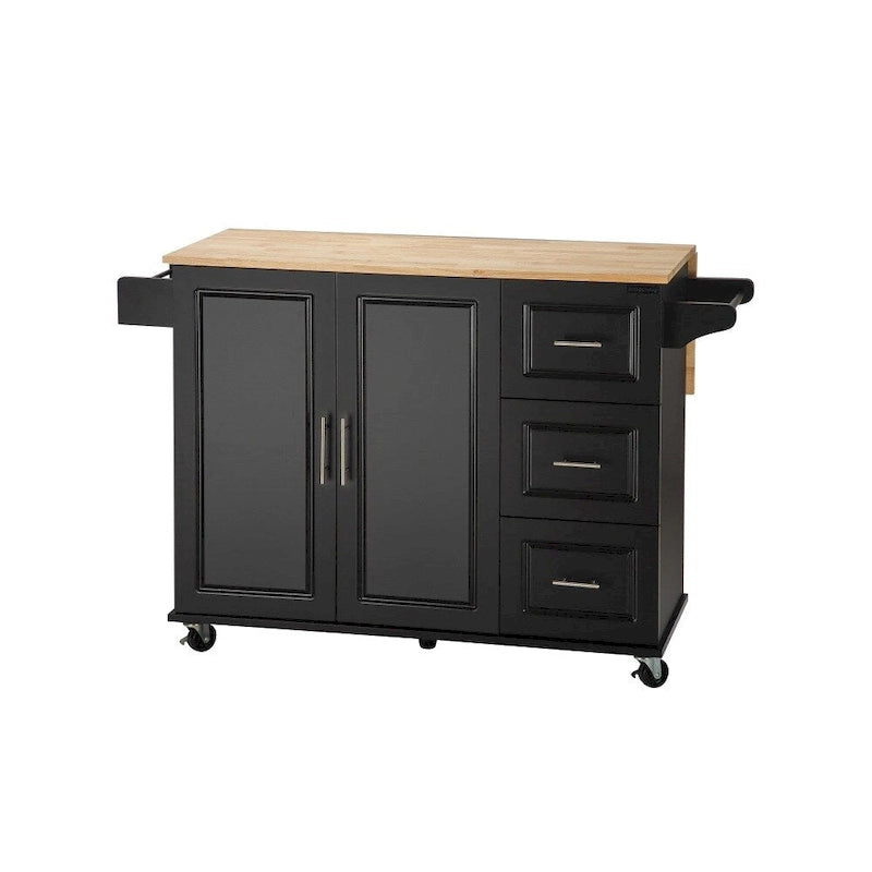 Rolling Kitchen Island Cart with Rubber Wood Top, 3 Drawers and Cabinet