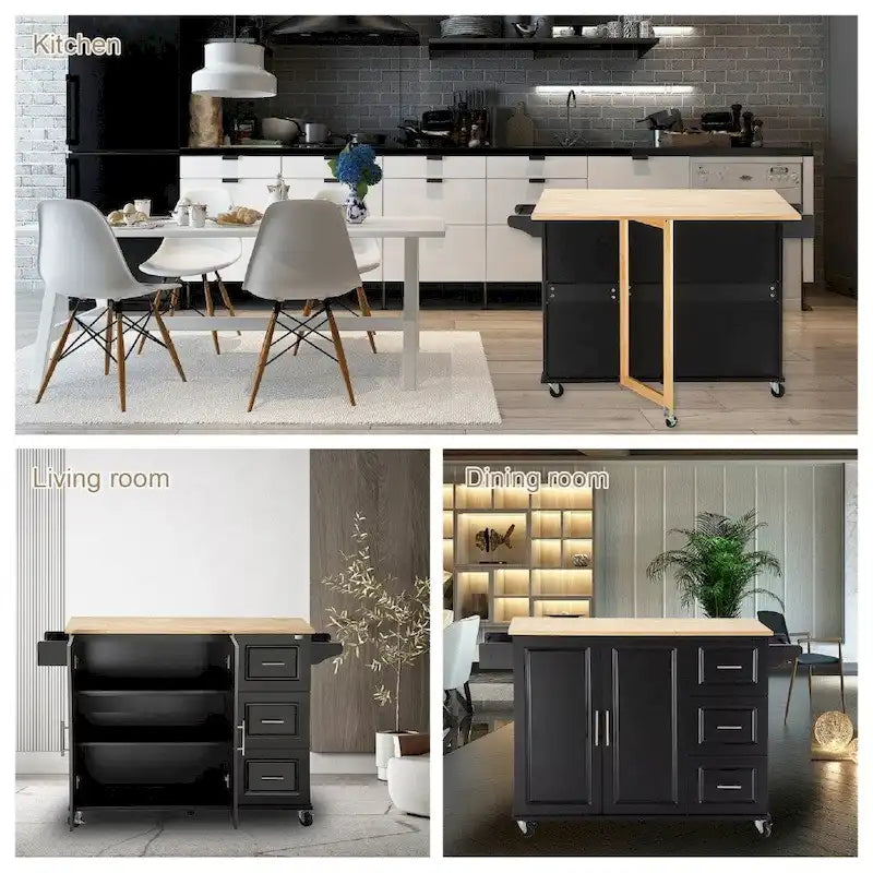 Rolling Kitchen Island Cart with Rubber Wood Top, 3 Drawers and Cabinet