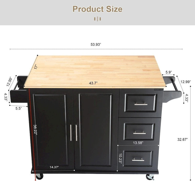 Rolling Kitchen Island Cart with Rubber Wood Top, 3 Drawers and Cabinet