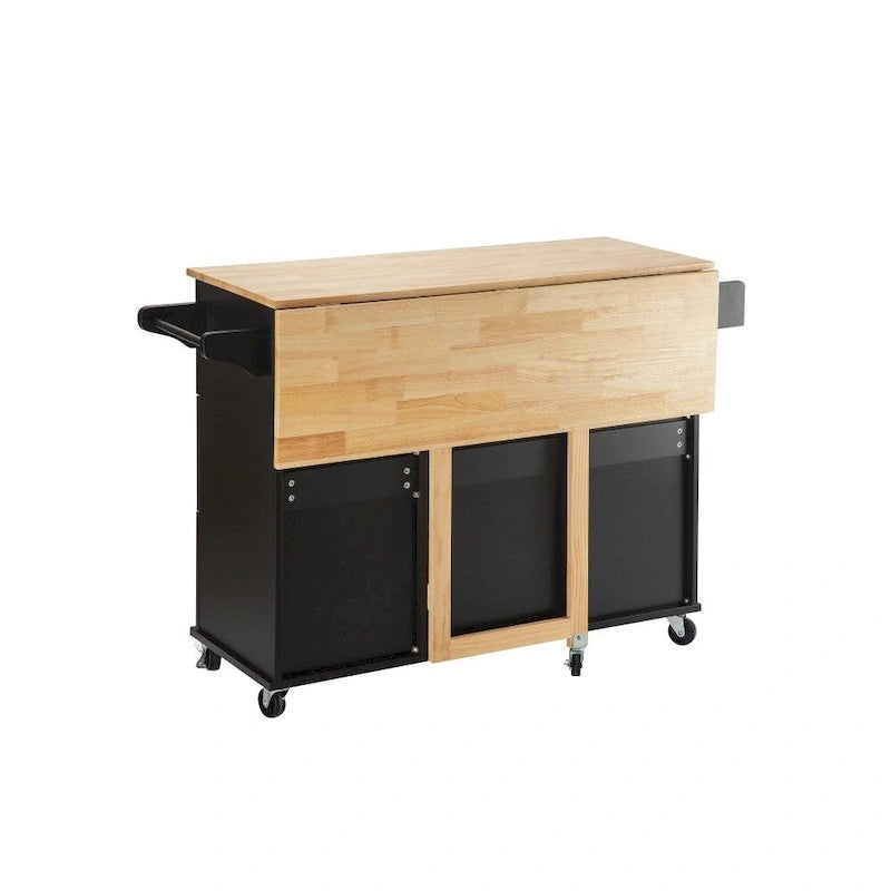 Rolling Kitchen Island Cart with Rubber Wood Top, 3 Drawers and Cabinet