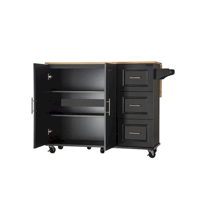 Rolling Kitchen Island Cart with Rubber Wood Top, 3 Drawers and Cabinet